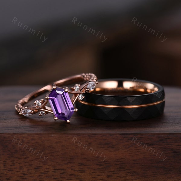 Vintage Amethyst Couples Ring Rose Gold Matching Ring Set His and Hers Wedding Band Promise Ring For Men For Women Purple Gemstone Ring