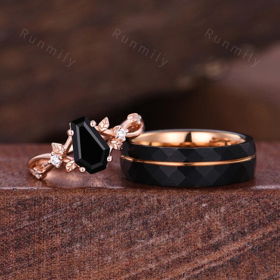 Coffin Cut Black Onyx Ring Rose Gold Unique Branch Leaf Ring Mens