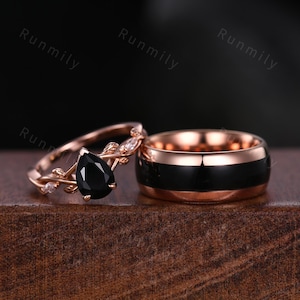 Vintage Black Onyx Couples Ring Set His and Hers Wedding Band Rose Gold Matching Couples Unique Black Gemstone Promise Ring Anniversary Gift