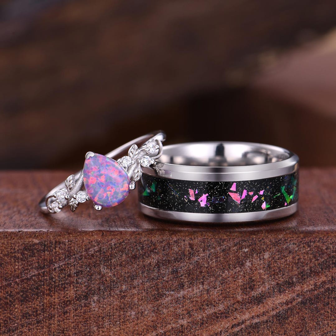 Pear Cut Purple Opal Couples Ring Lavender Opal Matching Ring Set His ...