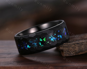 Galaxy Meteorite Blue Nebula Ring, Mens Wedding Band, 8mm Black Ceramic Ring, Outer Space Ring, His Wedding Band, Anniversary Gift For Him