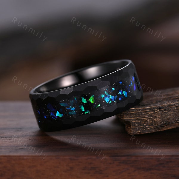 Galaxy Meteorite Blue Nebula Ring, Mens Wedding Band, 8mm Black Ceramic Ring, Outer Space Ring, His Wedding Band, Anniversary Gift For Him