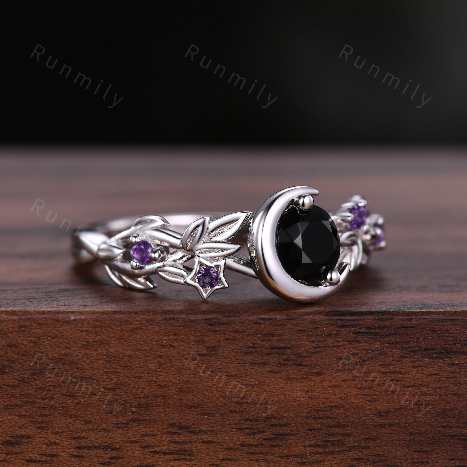 Round Cut Black Onyx Couples Ring Set Silver Unique Moon Round Cut Black Onyx Couples Ring Set Silver Unique Moon