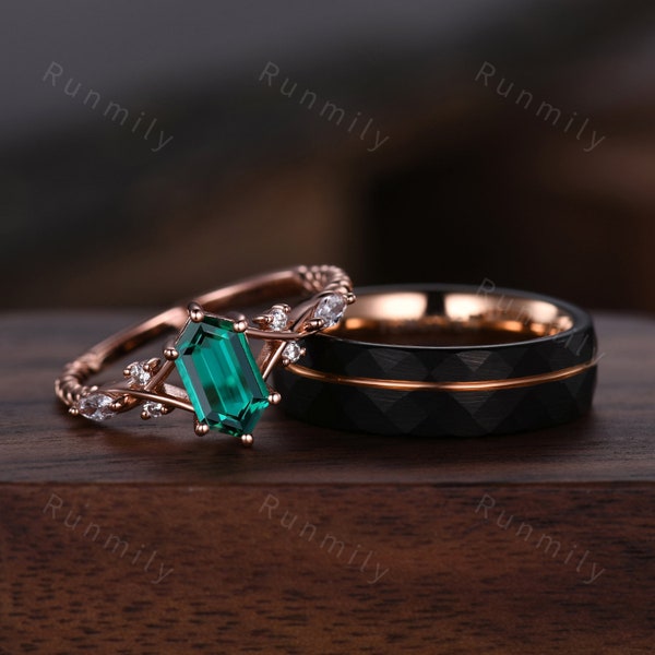 Vintage Green Emerald Couples Ring Rose Gold Matching Ring Set His and Hers Wedding Band Promise Ring For Men For Women May Birthstone Gift