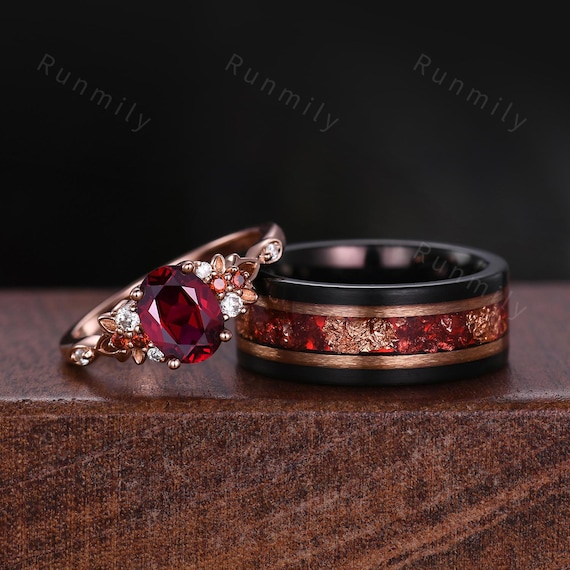 Oval Cut Ruby Couples Ring Set Rose Gold Matching Promise
