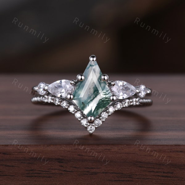 Kite cut moss agate engagement ring set 14k white gold pear moissanite wedding ring unique twisted stacking band green agate promise ring