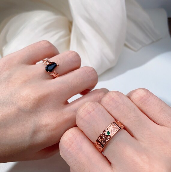 Coffin Cut Black Onyx Couples Ring Vintage Rose Gold