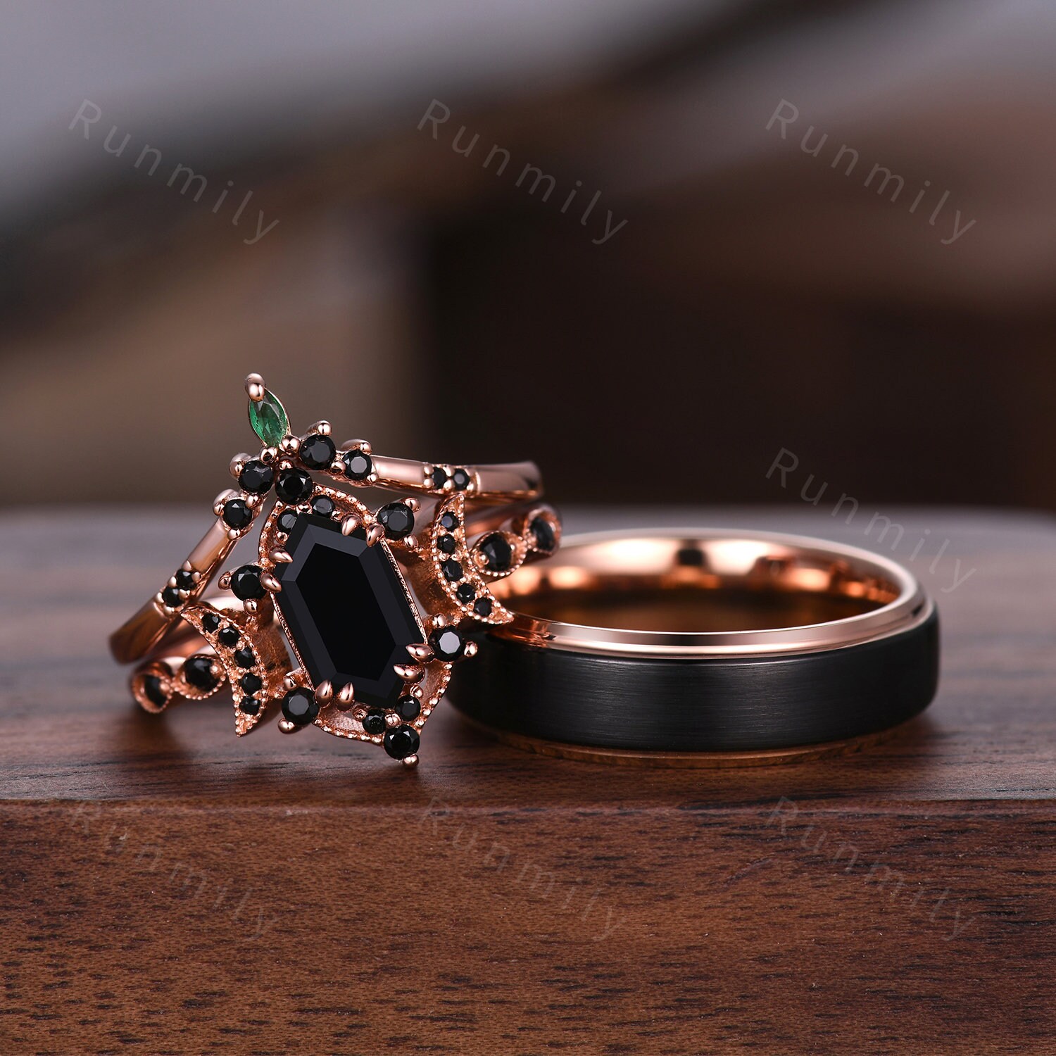 Retro Hexagon Cut Black Onyx Couples Ring Rose Gold Matching