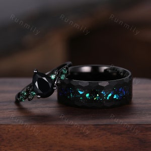 Vintage Black Onyx Couples Ring Black Gold Matching Ring Set His and Hers Wedding Band Mens Hammered Opal Ring Promise Ring Natural Gemstone