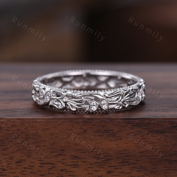 Antique filigree moissanite wedding band silver unique art deco wedding ring for women swirl patterned band elegant anniversary ring gift