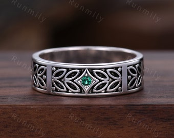 Mens Emerald Wedding Band Art Deco Leaf Design Wedding Band 6mm Silver Black Ring Unique Nature Inspired Stacking Band Retro Vintage Ring