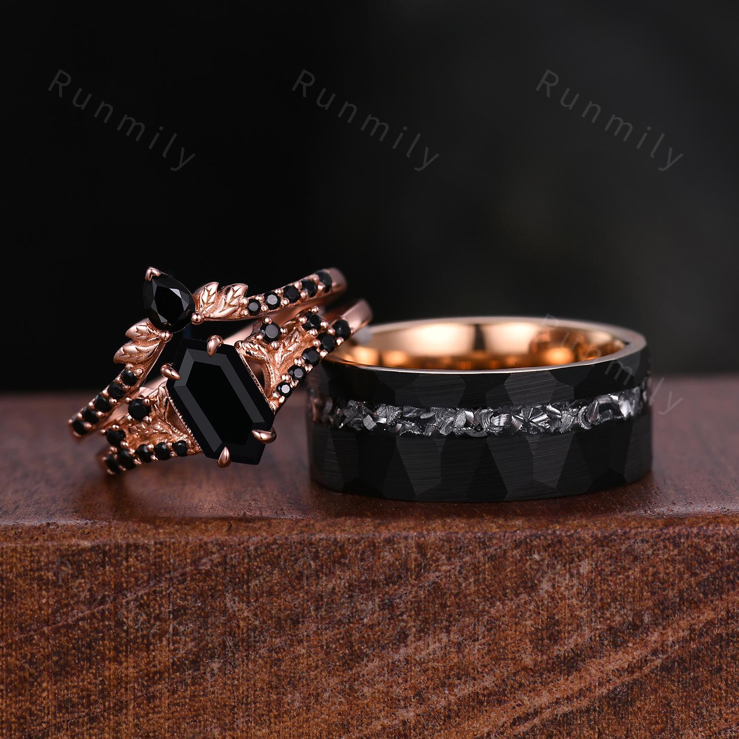 Vintage Black Onyx Couples Ring Rose Gold Matching Ring Set His and Hers Wedding Band Mens Meteorite Ring Black Gemstone Promise Ring Set