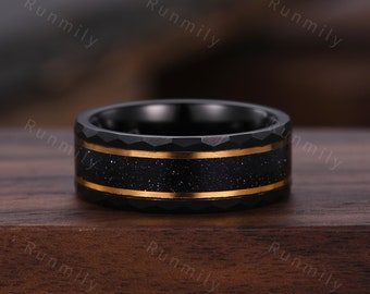 8mm Black Sandstone Hammered Wedding Ring, Mens Black and Gold Tungsten Ring, Black Obsidian Sandblasted Mens Wedding Band, Gift For Him