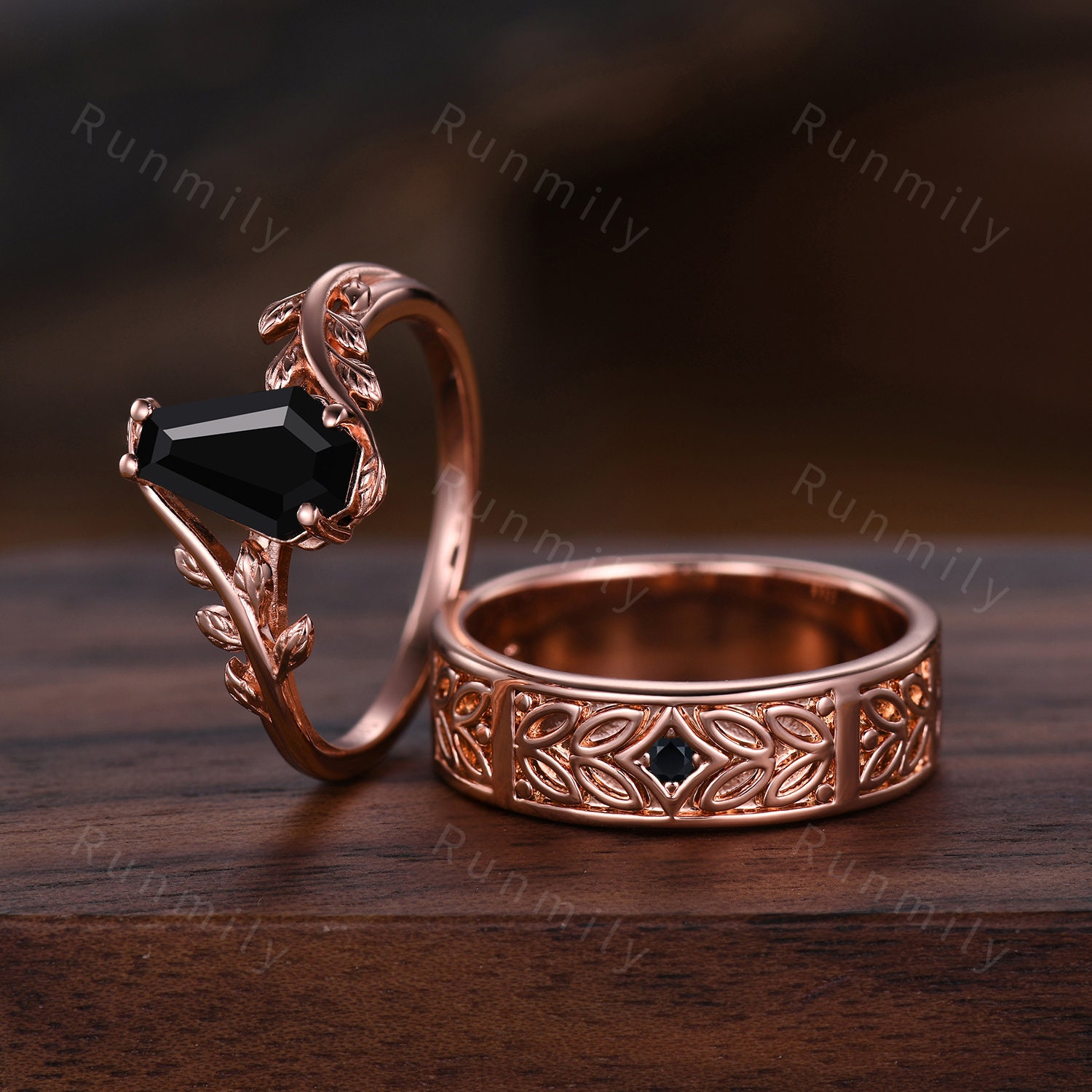 Coffin Cut Black Onyx Couples Ring Vintage Rose Gold