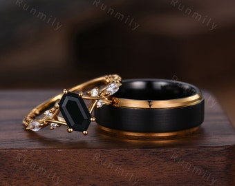 Vintage Black onyx Couples Ring Yellow Gold Matching Ring Set His and Hers Wedding Band Promise Ring For Men For Women Natural Black Gem