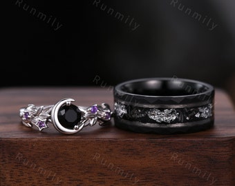 Round Cut Black Onyx Couples Ring Set Silver Unique Moon