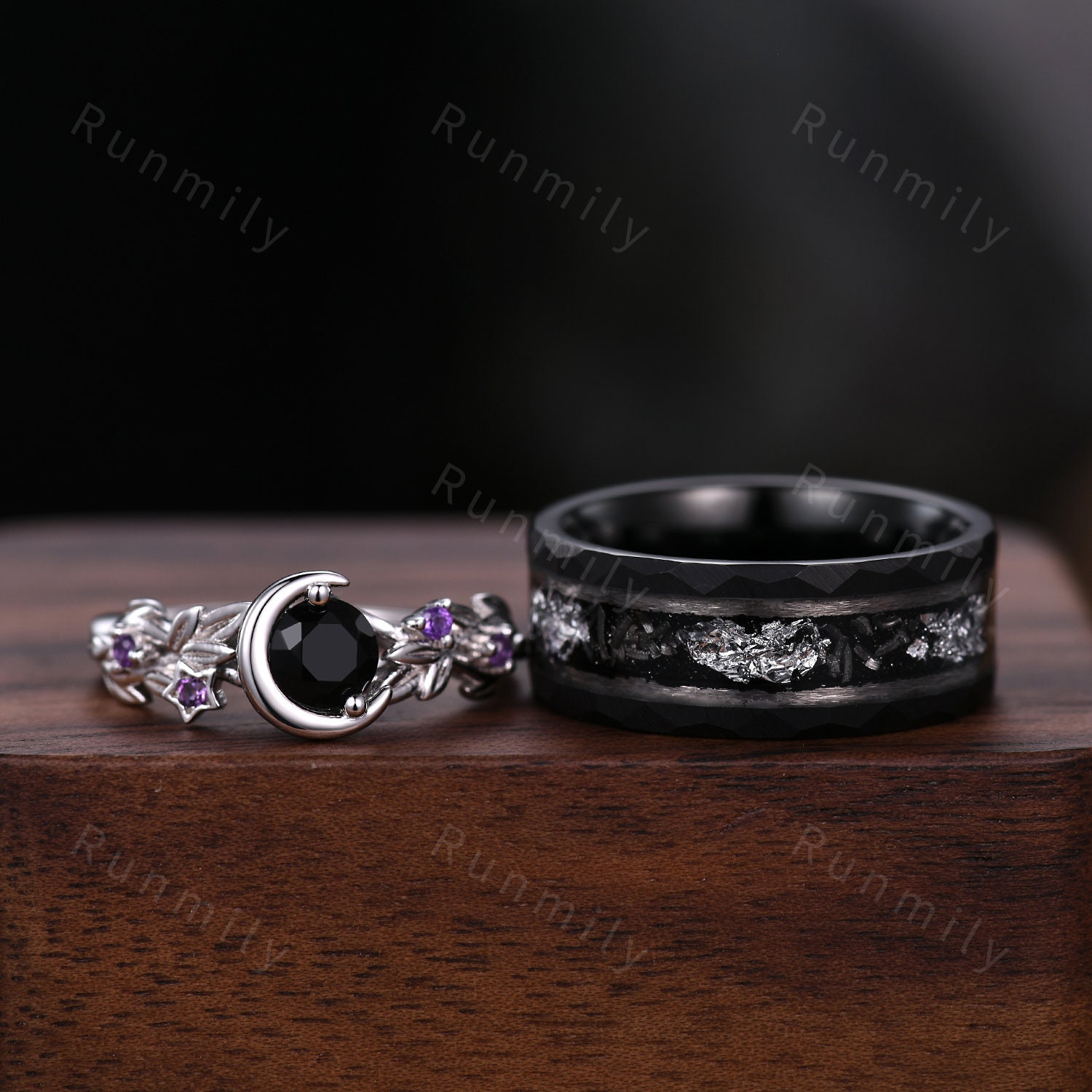 Round Cut Black Onyx Couples Ring Set Silver Unique Moon Round Cut Black Onyx Couples Ring Set Silver Unique Moon