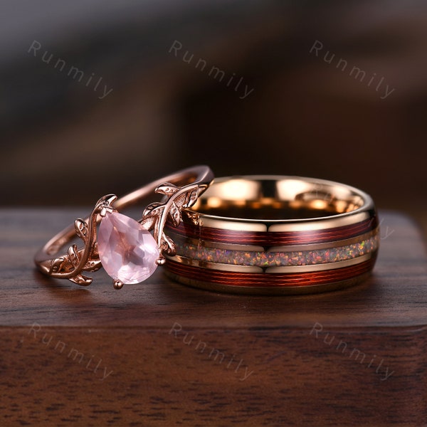 Vintage Rose Quartz & Opal Couples Ring Rose Gold Matching Ring Set His and Hers Wedding Band Promise Ring For Men For Women Natural Gem