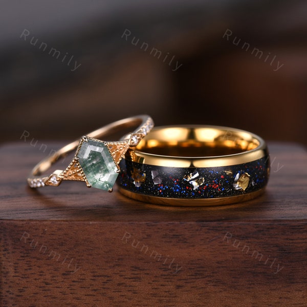 Vintage Green Moss Agate Couples Ring 14K Gold Matching Ring Set Gold Leaf Sandstone Ring Promise Ring For Men For Women Natural Agate Gem