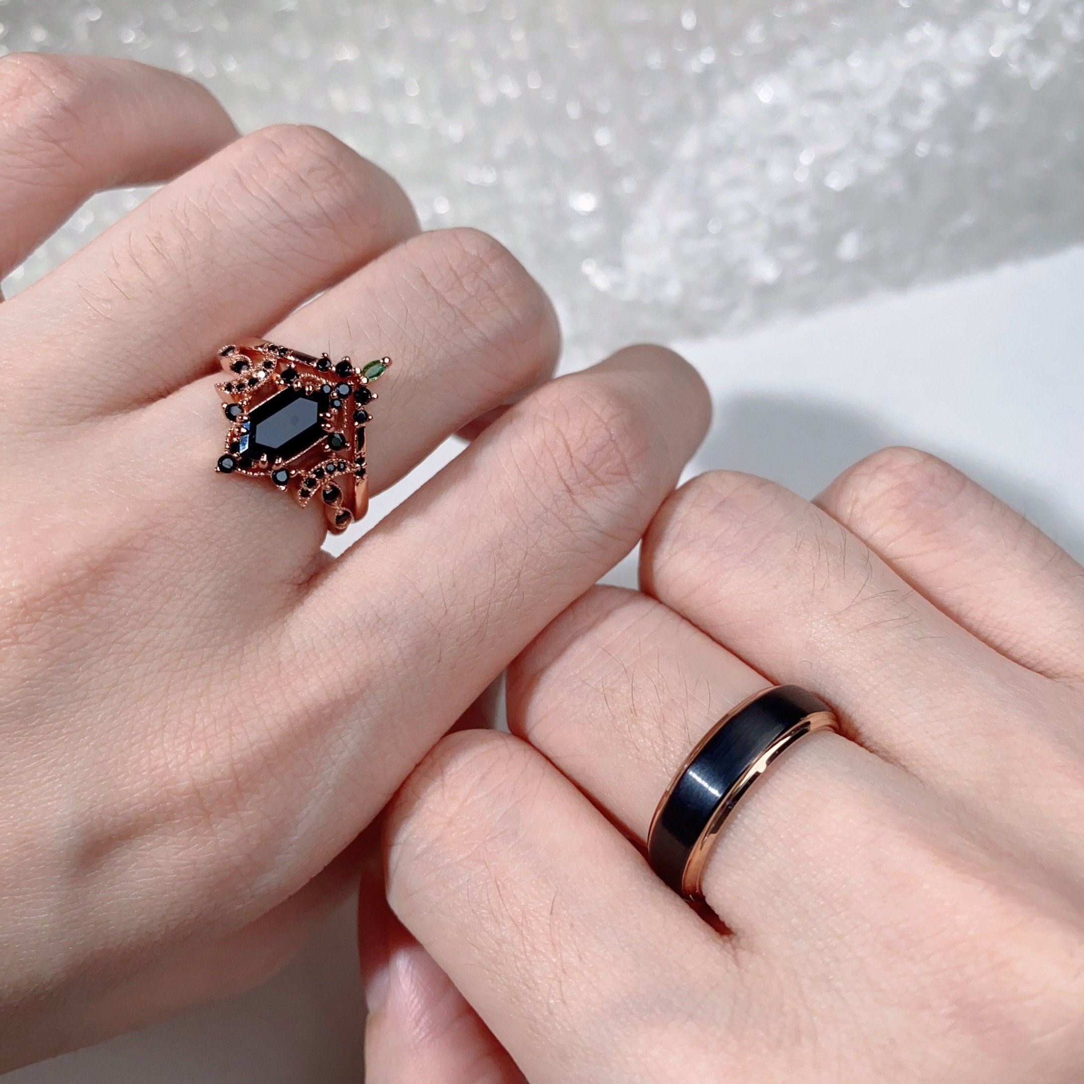 Retro Hexagon Cut Black Onyx Couples Ring Rose Gold Matching
