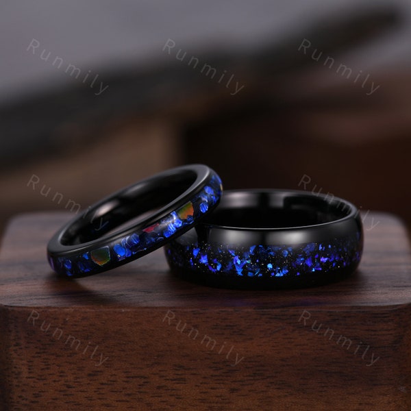 Orion Nebula Ring Set, His and Her Tungsten Wedding Band, Wedding Ring For Men For Women, Outer Space Couples Ring, 8mm & 4mm Black Ring