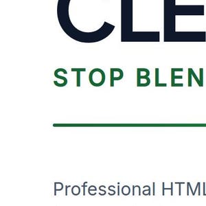 Puede incluir: Diseño de plantilla de sitio web con la palabra "CLEAN" en azul marino y "STOP BLENDING IN" en verde. También es visible el texto "Professional HTML business business editable".
