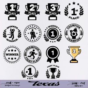 以下が含まれることがあります： 1位、2位、3位の賞、勝者とチャンピオンのバッジの白黒グラフィックデザインセット。グラフィックには、トロフィー、月桂樹の輪、星、走る人物が含まれています。
