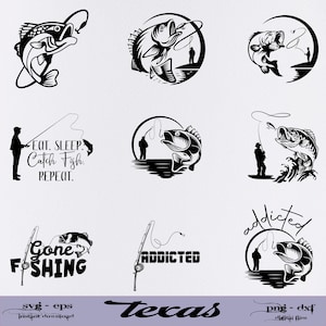 May include: A set of nine black and white digital designs featuring fishing-themed illustrations. The designs include a fish jumping out of the water, a fisherman with a fishing rod, and text that says "Eat, Sleep, Catch Fish, Repeat." and "Gone Fishing".