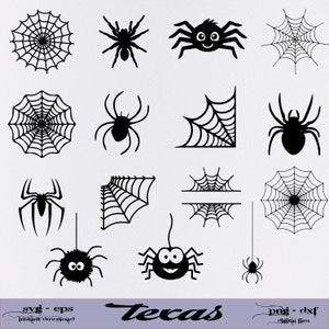 May include: A set of 12 black and white spider and spiderweb SVG, EPS, PNG, and DXF digital files. The files include various designs of spiders and spiderwebs, including a spiderweb with a spider in the center, a spiderweb with a spider on the side, and a spiderweb with a spider in the corner.