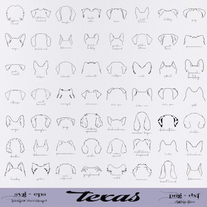 May include: A black and white line art illustration of 40 different dog breeds. Each breed is represented by a simple outline of the dog's head, showing the ears and the top of the head. The dog breeds are labeled with their names below each illustration. The text "svg - eps Instant download" appears at the bottom left of the image. The text "Texas" appears in a large font at the bottom center of the image. The text "png - dxf Digital files" appears at the bottom right of the image.
