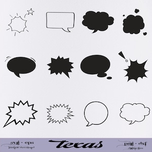 May include: A set of 12 black and white speech bubble and starburst shapes. The shapes are in various sizes and styles, including rounded, square, and starburst. The shapes are perfect for adding a fun and playful touch to any project.