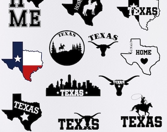 May include: A set of 10 black and white Texas-themed SVG and PNG digital files. The designs include a Texas state outline with a star, a longhorn steer, a cowboy riding a horse, and the words "Texas" and "Home".