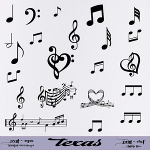 Puede incluir: Un conjunto de 15 archivos digitales SVG y DXF de notas musicales y claves de sol en blanco y negro. Las notas son de varias formas y tamaños, incluyendo una forma de corazón. El texto "Texas" es visible en la imagen.