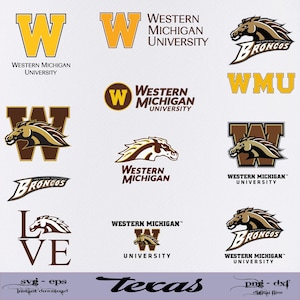 May include: A collection of Western Michigan University logos and graphics in various designs. The logos feature the letter "W", the university name, and the Broncos mascot in brown, gold, and black. Includes text "Texas", "svg - eps", and "png - dxf".