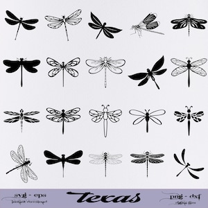 May include: Set of 20 black and white dragonfly silhouette vector illustrations. The illustrations are in a variety of poses and styles. The text "Texas" is at the bottom of the image.