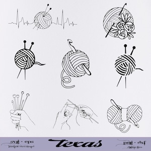 May include: A set of nine black and white illustrations of yarn balls and knitting needles. The illustrations include a yarn ball with a heart beat line, a yarn ball with flowers, a yarn ball with a crochet hook, a yarn ball with knitting needles, a hand holding knitting needles, a hand knitting, and a yarn ball with a crochet hook.