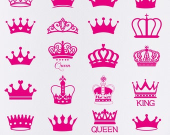 May include: A set of 18 pink crown clip art images. The crowns are in various styles, including traditional, modern, and whimsical. The crowns are perfect for use in digital projects, such as scrapbooking, card making, and web design.