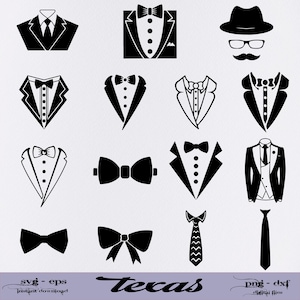 May include: A set of 12 black and white vector illustrations of bow ties, neckties, and tuxedo jackets. The illustrations are in a simple, flat style. The text "texas" is at the bottom of the image.