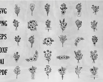 May include: A set of 20 black and white floral bouquet illustrations. The bouquets are in various styles, including simple line drawings and more detailed designs. The illustrations are perfect for use in digital projects, such as website design, social media graphics, and printable art.