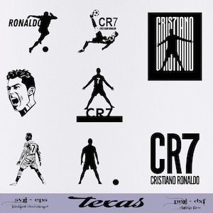 May include: A set of black and white digital files featuring various images of Cristiano Ronaldo, including a silhouette of him playing soccer, a close-up of his face, and a graphic with his name and number "CR7".