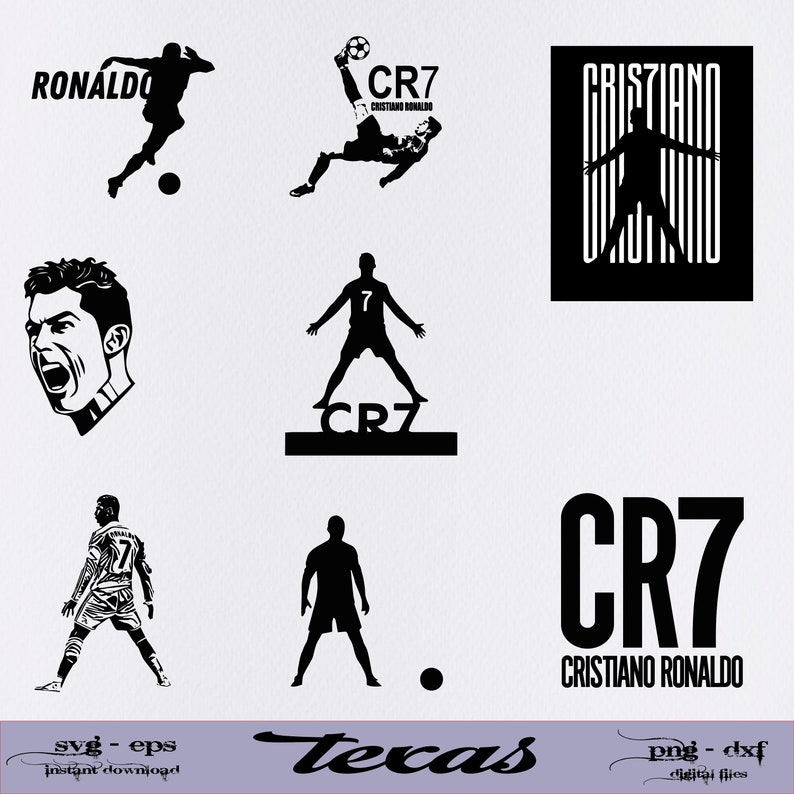 Pu&ograve; includere: Un set di file digitali in bianco e nero con varie immagini di Cristiano Ronaldo, tra cui una silhouette di lui che gioca a calcio, un primo piano del suo viso e una grafica con il suo nome e numero "CR7".