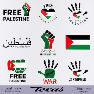以下が含まれることがあります： パレスチナの国旗と「Free Palestine」というフレーズを英語とアラビア語で描いた、9つのデジタルデザインのセット。デザインには、拳、ハート、手のひら、旗が含まれています。デザインは黒、緑、赤、白です。