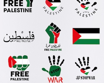 May include: A set of nine digital designs featuring the Palestinian flag and the phrase "Free Palestine" in English and Arabic. The designs include a fist, a heart, a handprint, and a flag. The designs are in black, green, red, and white.