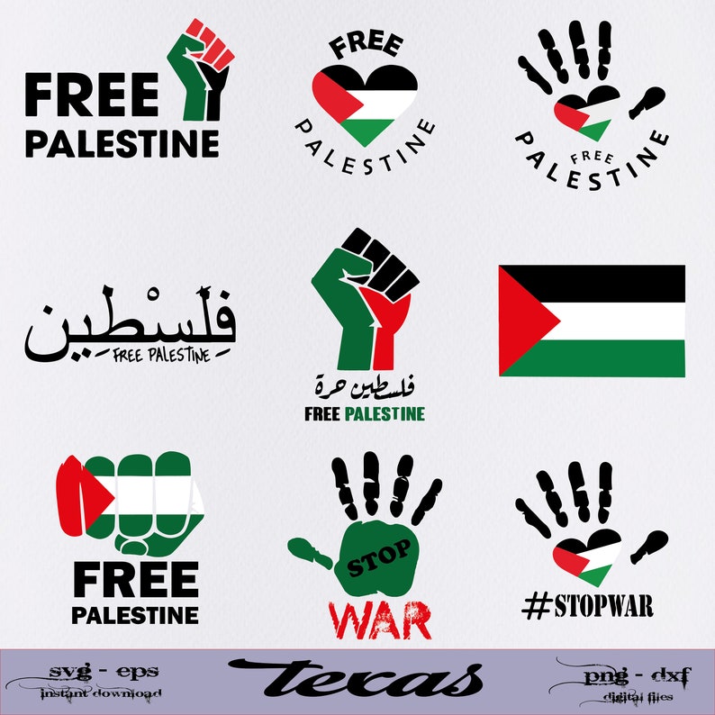 May include: A set of nine digital designs featuring the Palestinian flag and the phrase "Free Palestine" in English and Arabic. The designs include a fist, a heart, a handprint, and a flag. The designs are in black, green, red, and white.