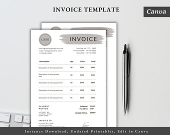 May include: A black and white invoice template with a gray brush stroke design. The template includes sections for description, quantity, price, and total. The invoice number is 117-2492, the invoice date is 12/10/2022, and the due date is 12/12/2022. The template also includes a section for payment method and invoice to information.