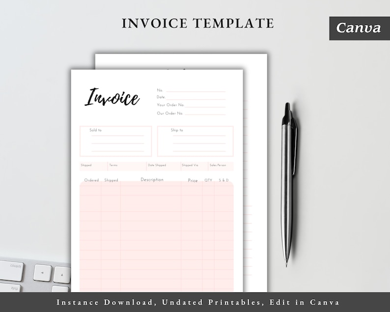 Invoice In Cursive Classic Invoice Template for Small Business, Editable Invoice PDF ...