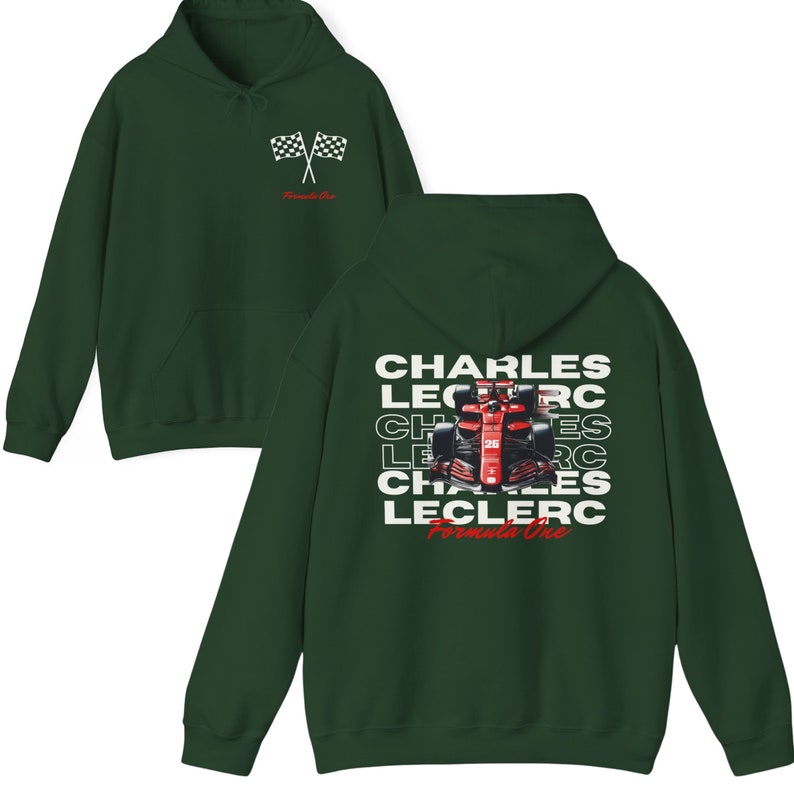 May include: A dark green hoodie with a white graphic of a Formula One race car and the text "CHARLES LECLERC Formula One" on the back. The front of the hoodie has a small white graphic of a checkered flag.