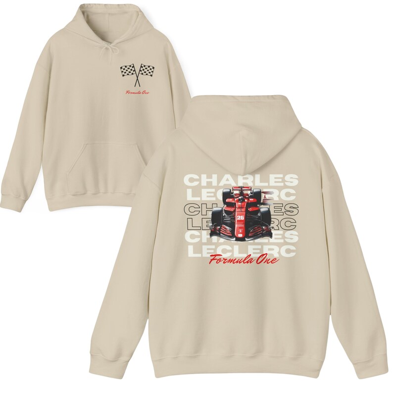 May include: A beige hoodie with a checkered flag and the text "Formula One" on the front. The back of the hoodie features a red Formula One race car with the text "Charles Leclerc" repeated multiple times.