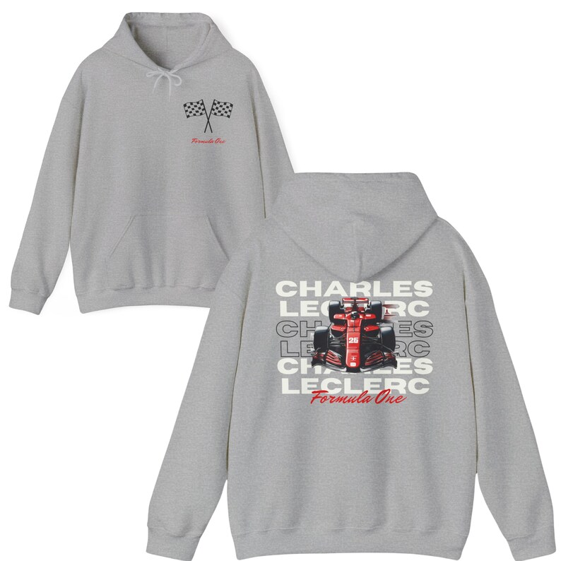 May include: A gray hooded sweatshirt with a checkered flag graphic on the front and a Formula One race car graphic with the text "CHARLES LECLERC Formula One" on the back.
