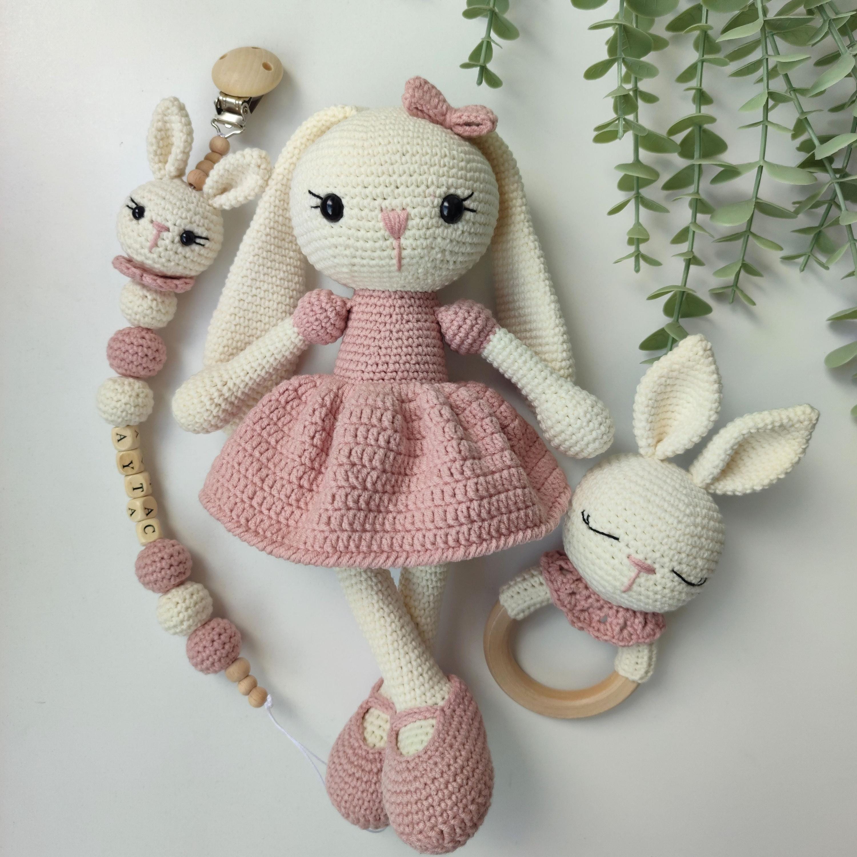 Crochet Cute Bunny in Green Dress Toy and Rattle Toy Gift Set 2pc main image 0